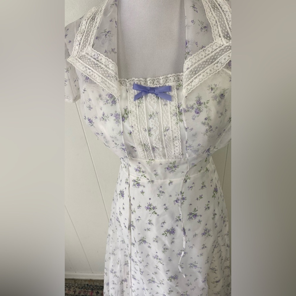 VTG 70s White Purple Chiffon Formal Dress Spaghetti Strap Bolero Lace Coverup XS - Picture 5 of 15